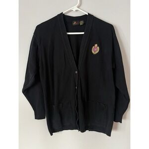 Vintage 80s 90s LizSport Black Cotton Cardigan with Embroidered Crest Preppy